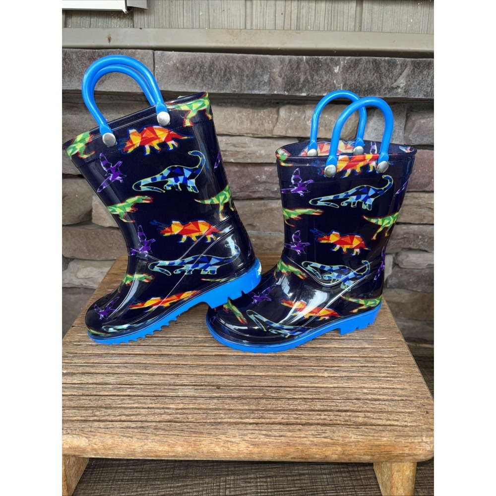 Zoogs Toddler Pull On Handle Rain Boots Dinosaur Print Blue Size 8